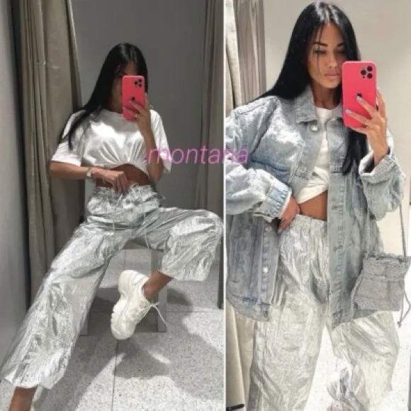 ZARA METALLIC PARACHUTE PANTS SILVER - Picture 3 of 4